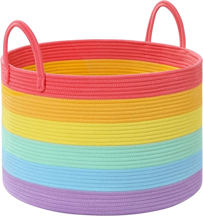 67L Rainbow Storage Basket for Organizing, 20"×13" Large Laundry Baskets, Cotton Rope Woven Blanket Basket, Toy Storage for Kids, Collapsible Blankets Storage for Living Room, Nursery Room