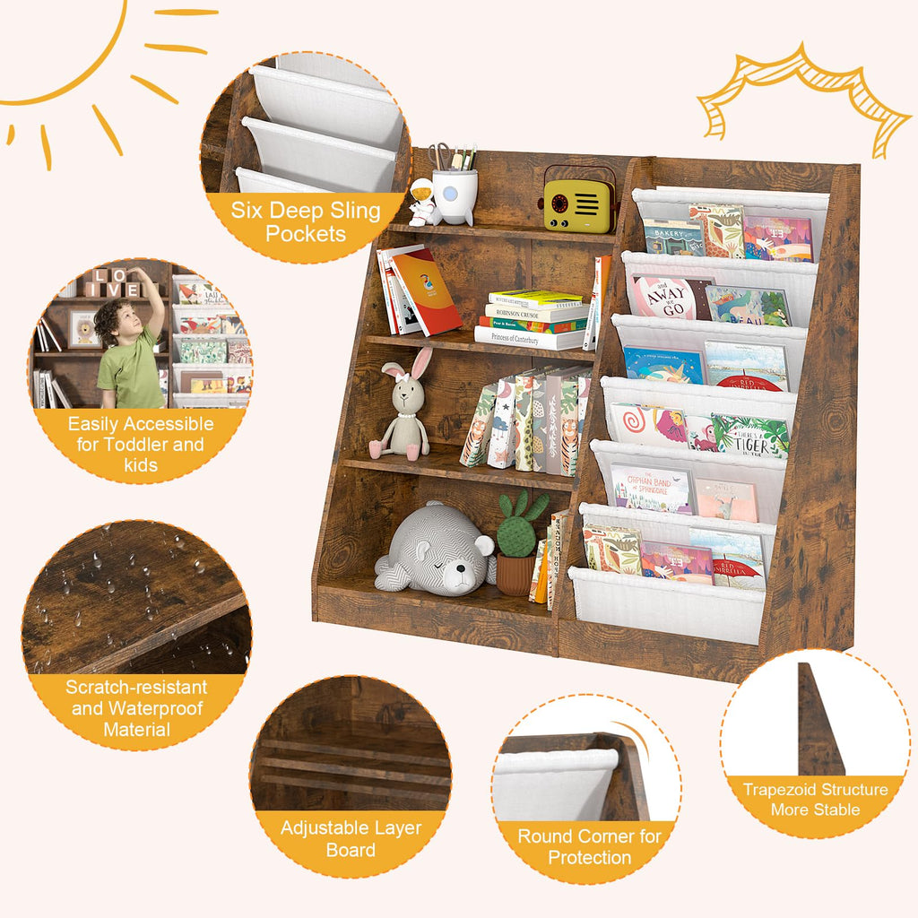 HedoAjim Kids Bookshelf for Bedroom Toddler Child Baby Bookcase 4-Tier for Nursery Book Toy Storage Organizer 6 Sling Adjustable Display Shelf Stand Book Rack Wood Classroom Playroom Rustic Brown