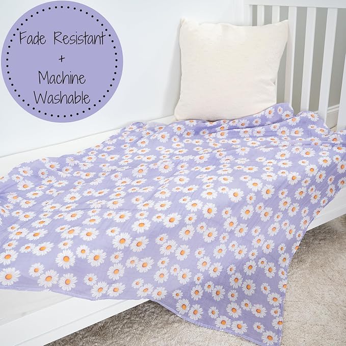 LollyBanks Baby Blanket, 100% Cotton Muslin Swaddle Blanket, Soft Baby Girl Blanket 47 x 47 Inches, Nursery Swaddling Blankets for Girls, Baby Essentials, Registry (Daisy Print)