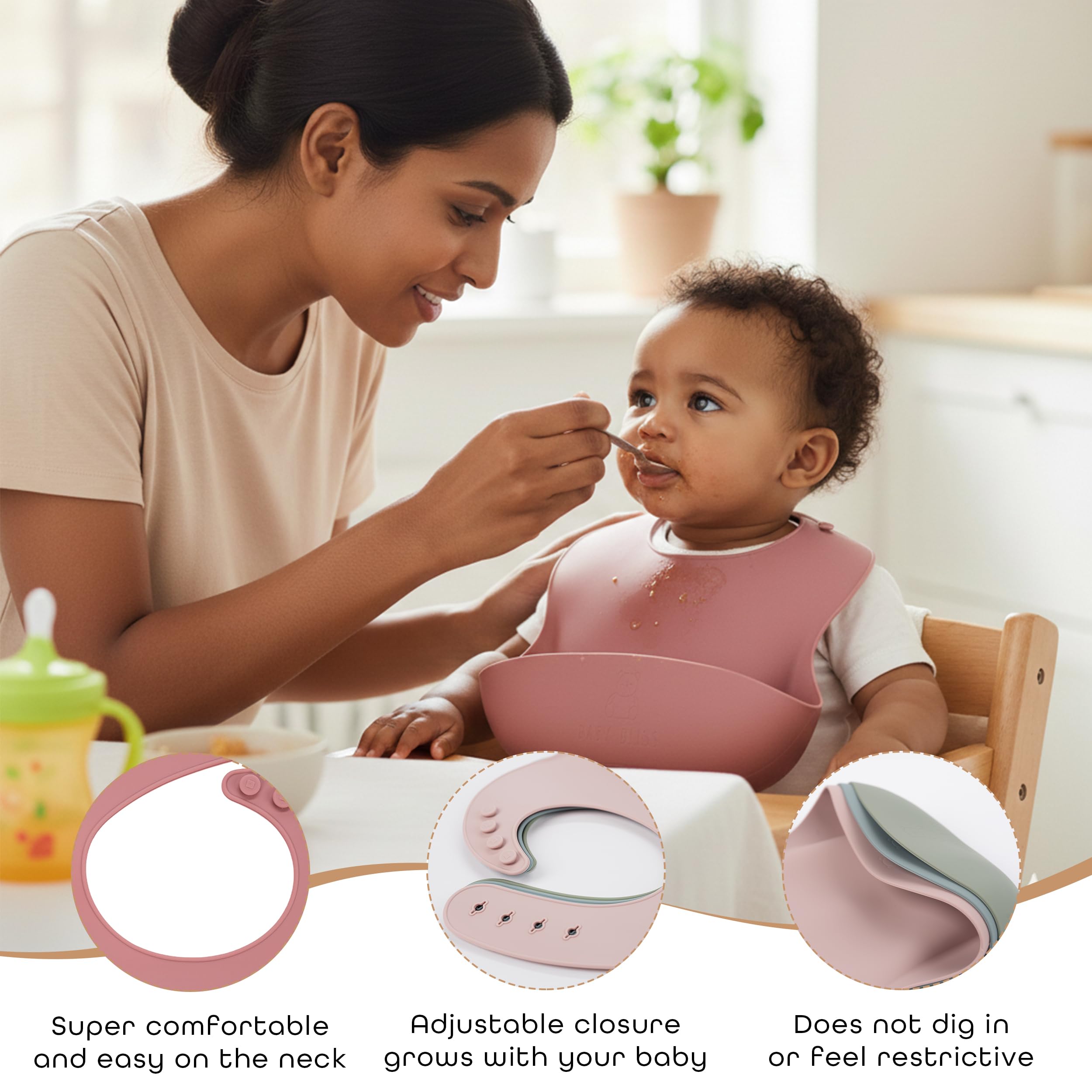 Baby Bliss Silicone Baby Bibs (2-Pack) – Waterproof Soft Silicone Feeding Bibs with Food Catcher for Babies & Toddlers, Adjustable Neck, BPA-Free, Unisex for Boys & Girls