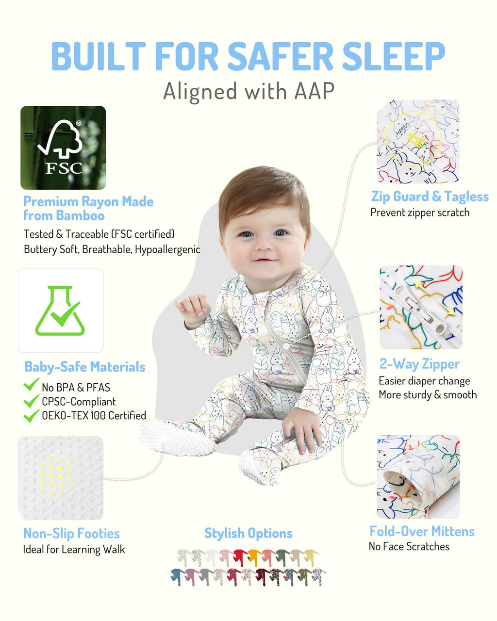 HAPIU Rayon from Bamboo Baby Footed Pajamas, 2 Way Premium Zipper, Footie for Baby Boy Girls, Newborn-24 Months, 2-Pack, Easter & Cloud, 12-18 Months