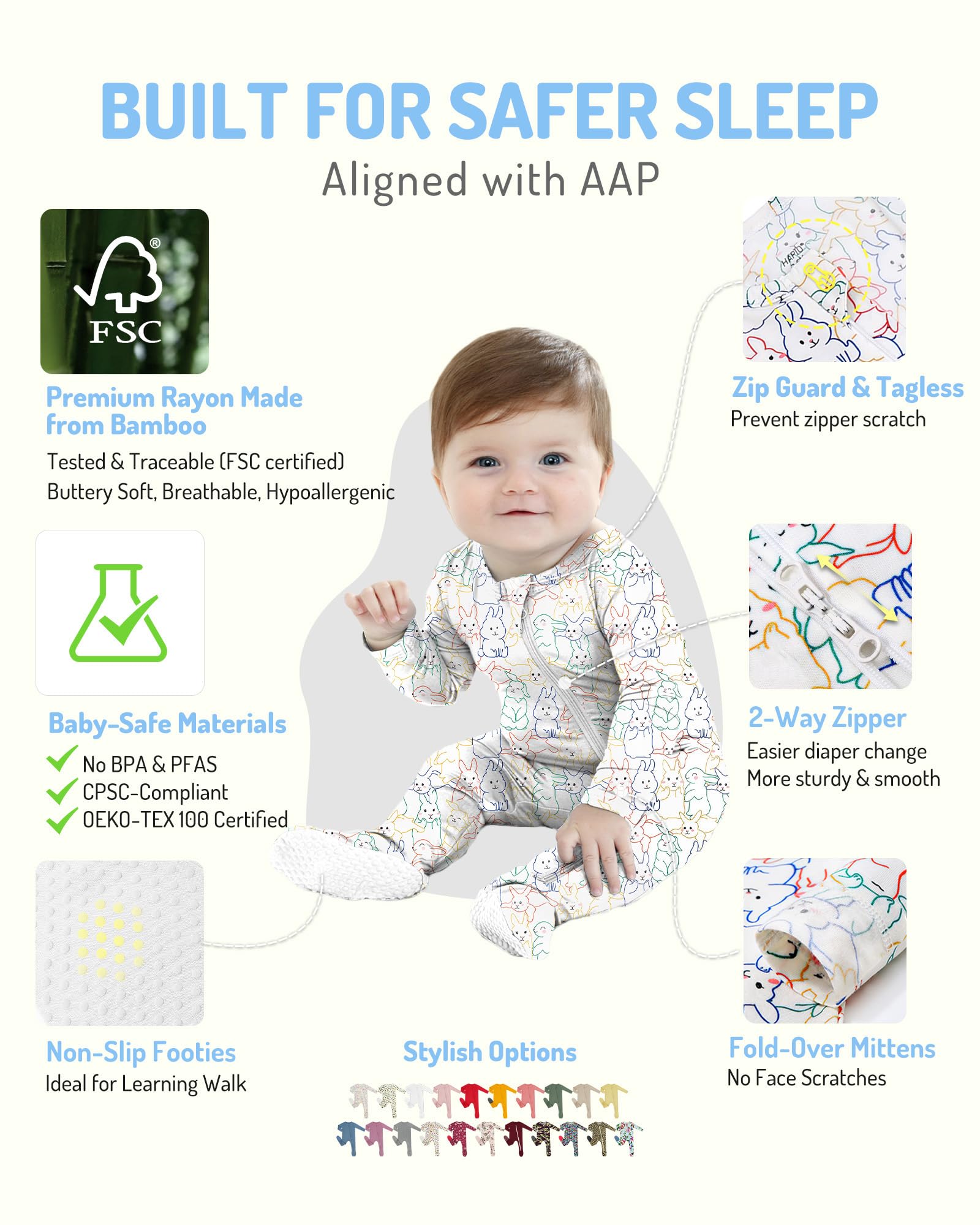 HAPIU Rayon from Bamboo Baby Footed Pajamas, 2 Way Premium Zipper, Footie for Baby Boy Girls, Newborn-24 Months, 2-Pack, Easter & Cloud, 12-18 Months