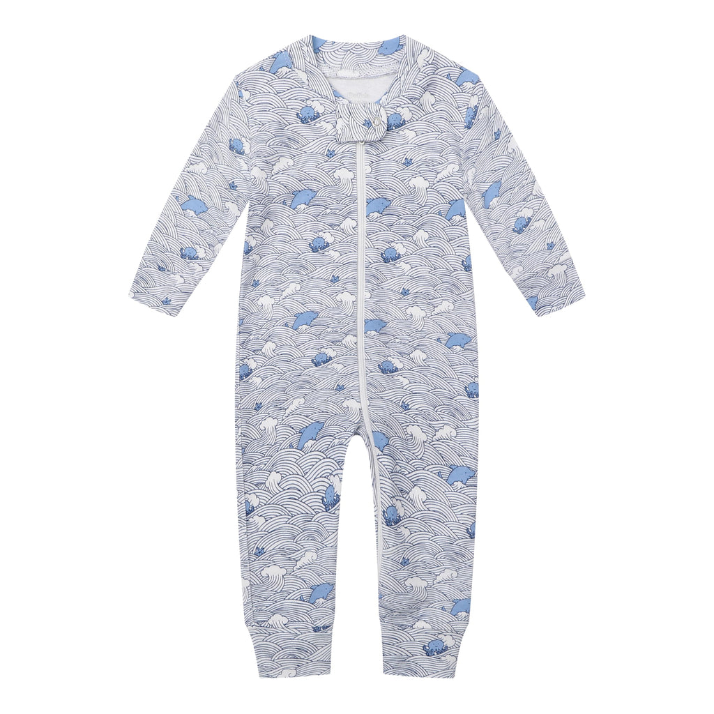 Owlivia Organic Cotton Baby Boy Girl Zip up Sleep N Play, Footless, Long Sleeve(0-3 Months, Wave & Navy)