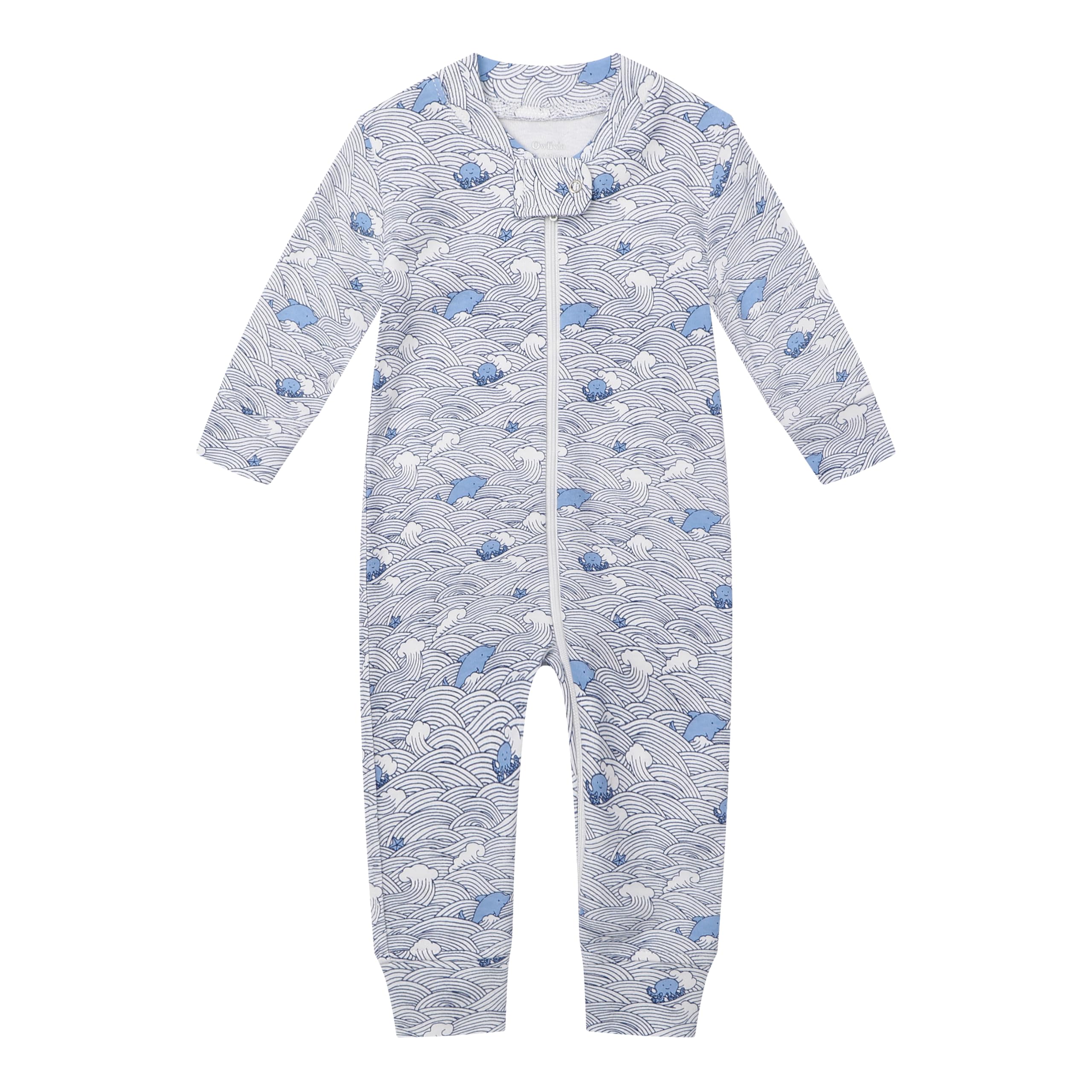 Owlivia Organic Cotton Baby Boy Girl Zip up Sleep N Play, Footless, Long Sleeve(0-3 Months, Wave & Navy)