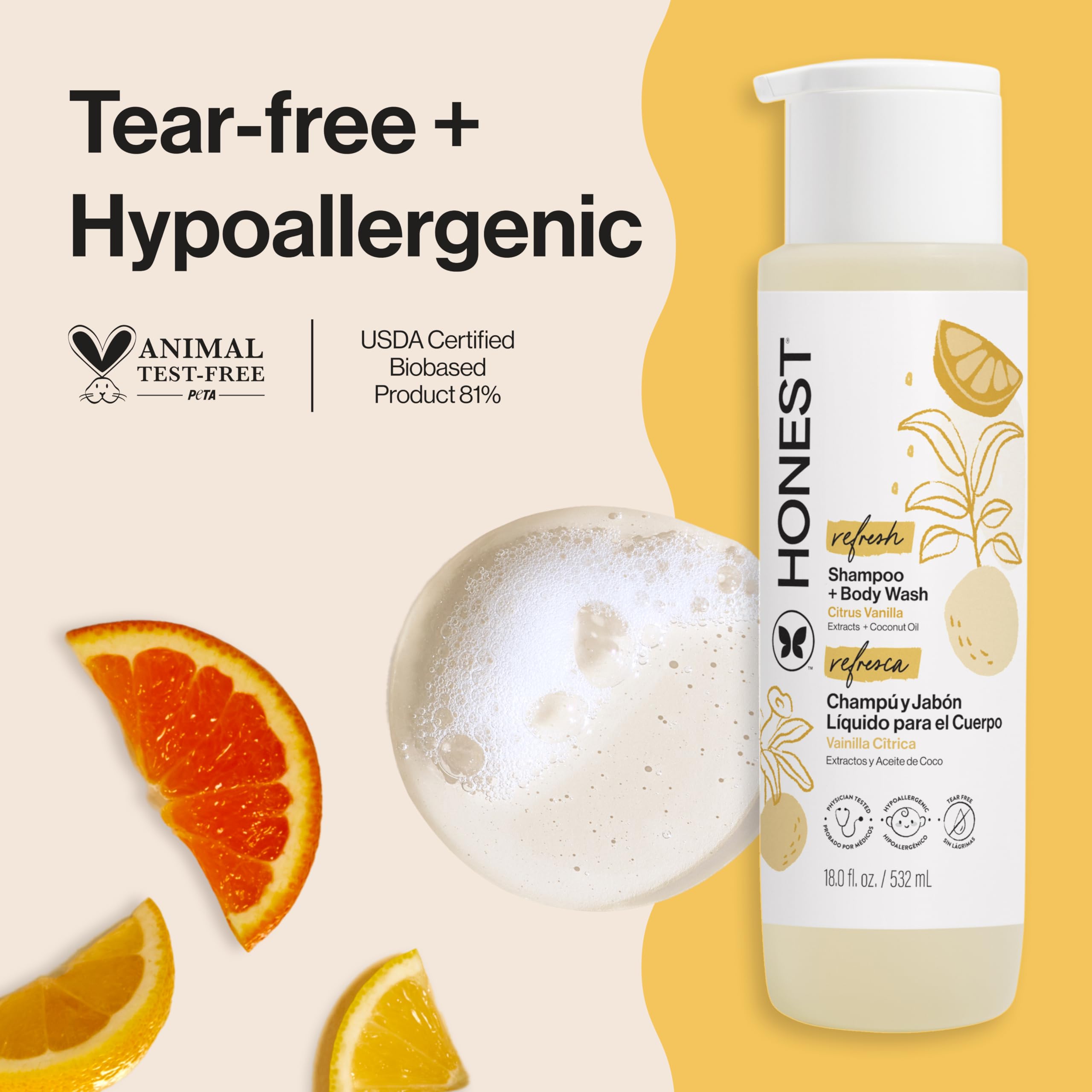 The Honest Company 2-in-1 Cleansing Shampoo Body Wash Gentle for Baby Naturally Derived, Tear-free, Hypoallergenic, Citrus Vanilla Refresh, 18 fl oz