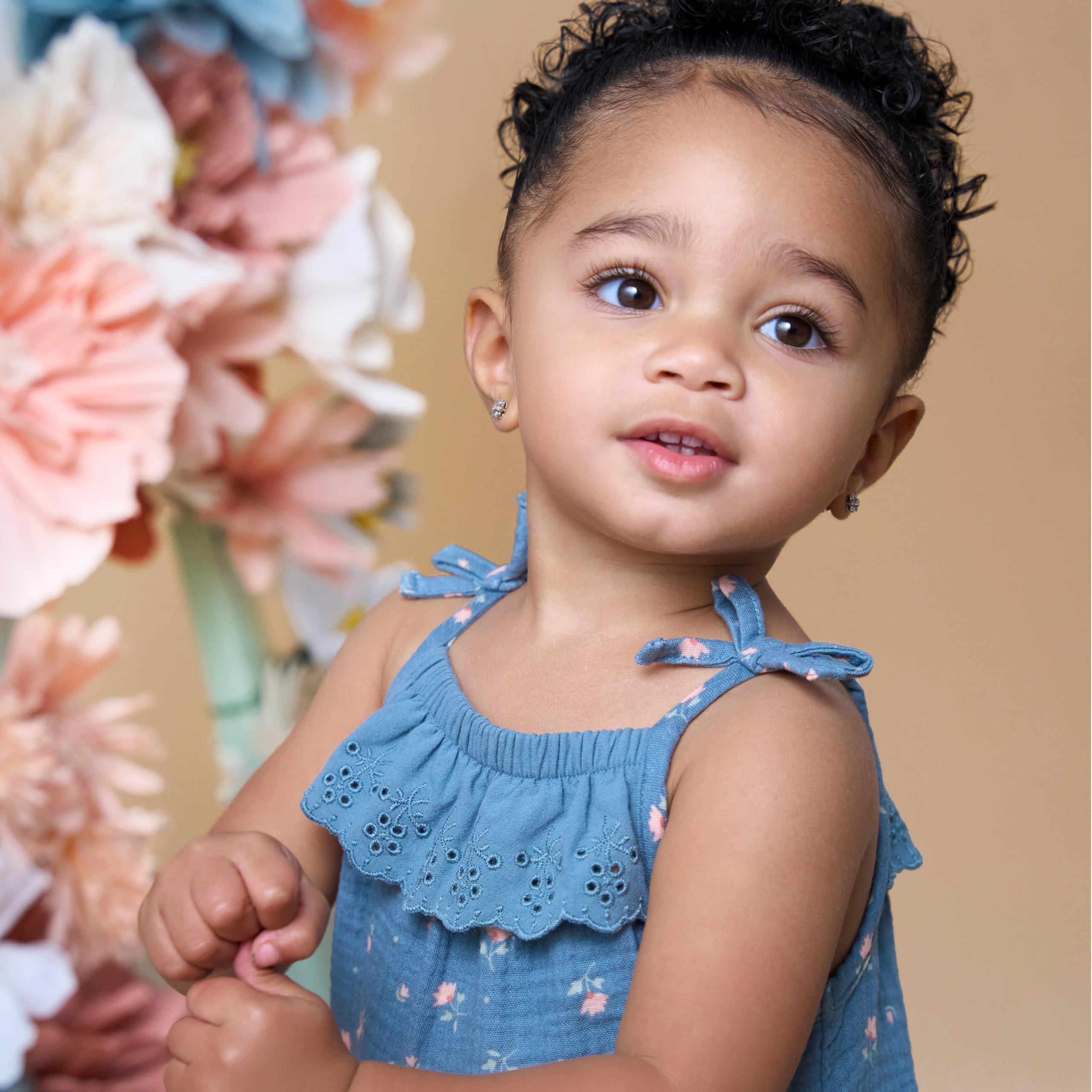 Modern Moments by Gerber Baby Girls' Sleeveless Ruffle Romper, Dark Teal Aster Flower, 6-9 Months