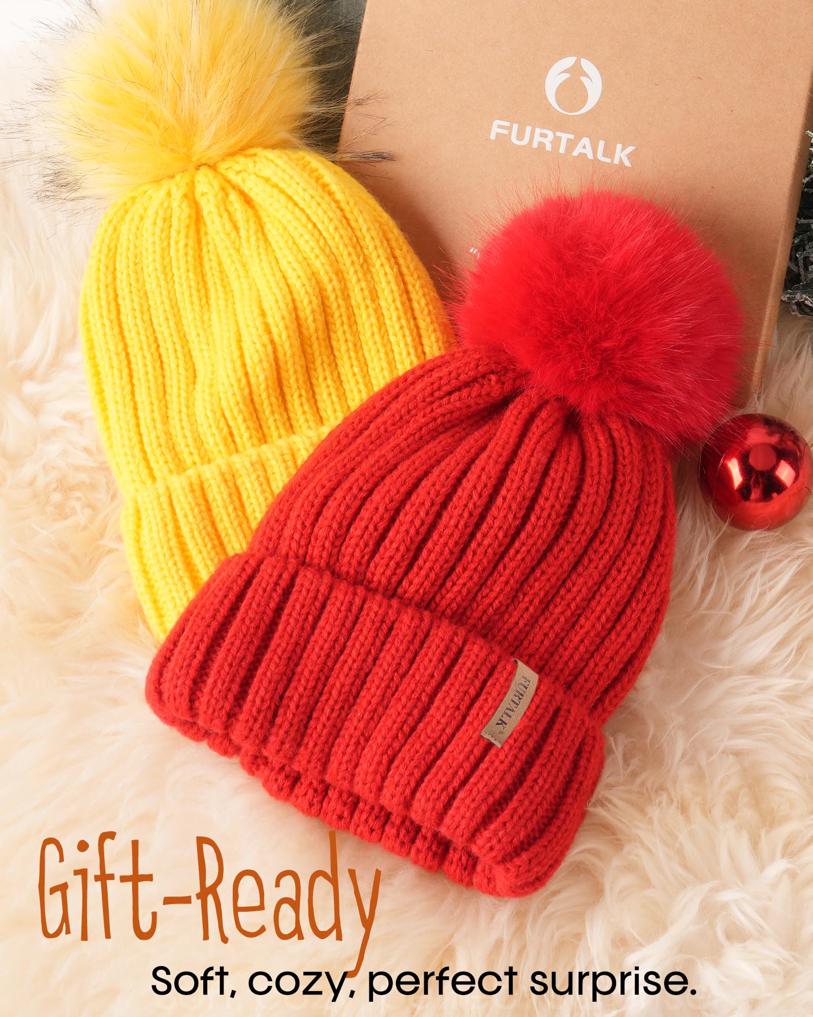 FURTALK Kids Winter Hat Toddler Knitted Beanie Faux Fur Pom Red