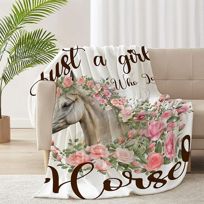 Just A Girl Who Loves Horses Blanket for Adults,Flowers Animals Throw Blanket for Girls Boys Lightweight Cute Horse Soft Cozy Flannel Blanket for Kids 90 * 120 Inches