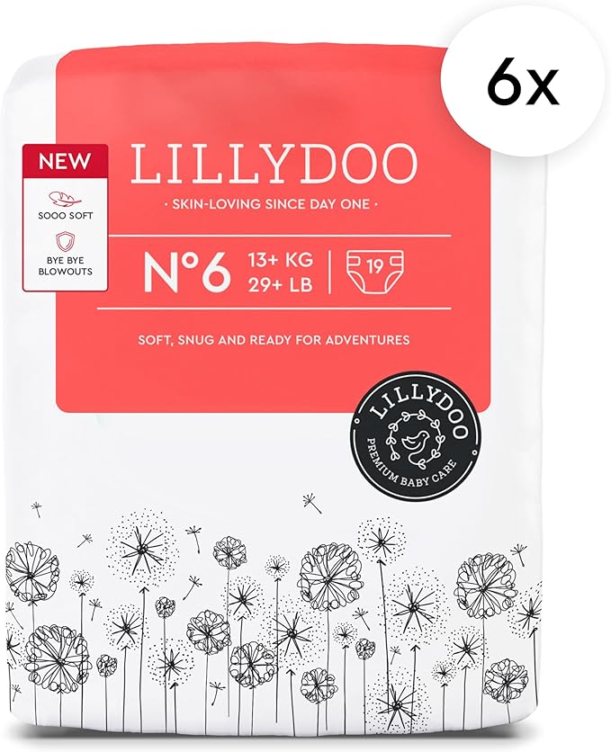 LILLYDOO Baby Diapers - Size 6 (29+ lbs), Monthly Supply (114 Count), Leak Protection, Skin-Friendly, Ultrasoft, Perfume- & Chlorine-Free, Hypoallergenic, Dermatologist Tested, Oeko-TEX®