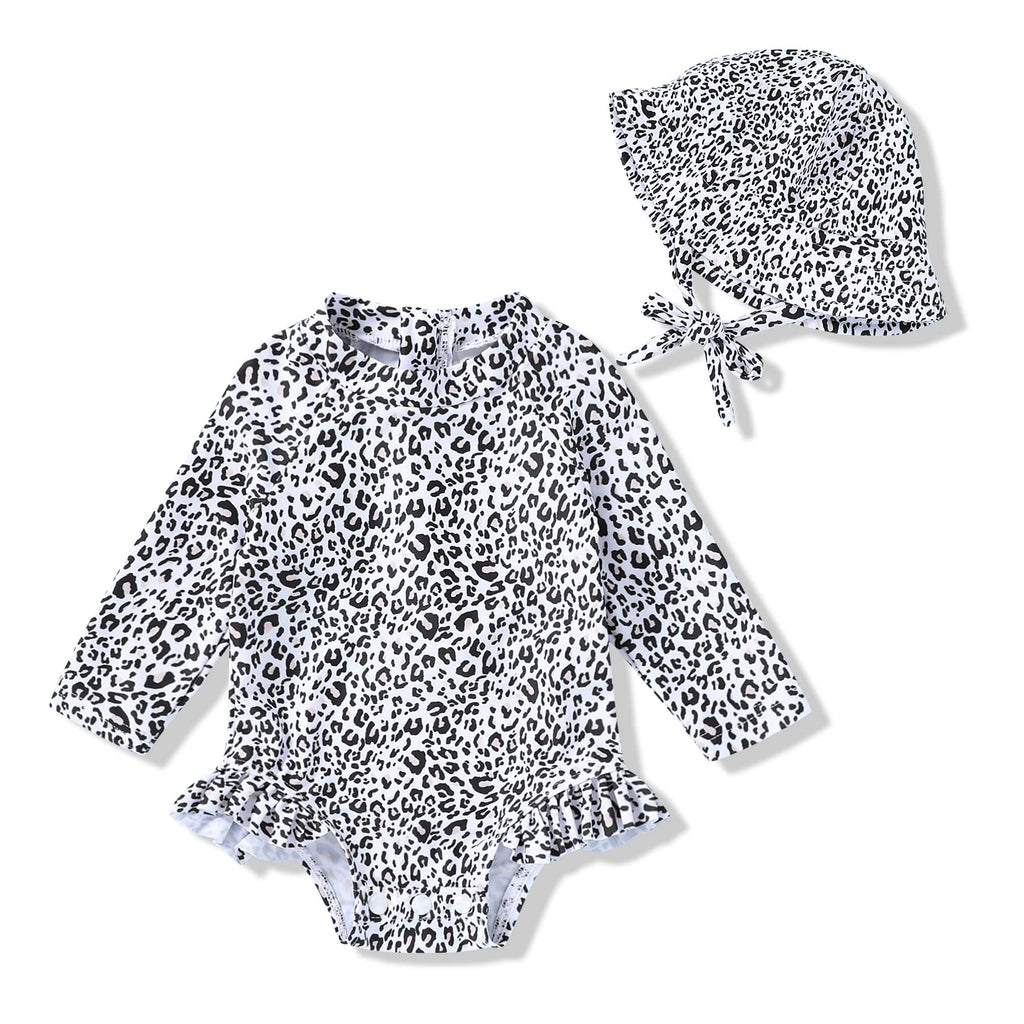 Infant Baby Girl Swimsuit One-Piece Long Sleeve Rash Guard with Hat Set Floral Zipper Bathing Suit Leopard Beach Wear(0-3 Months, Leopard)