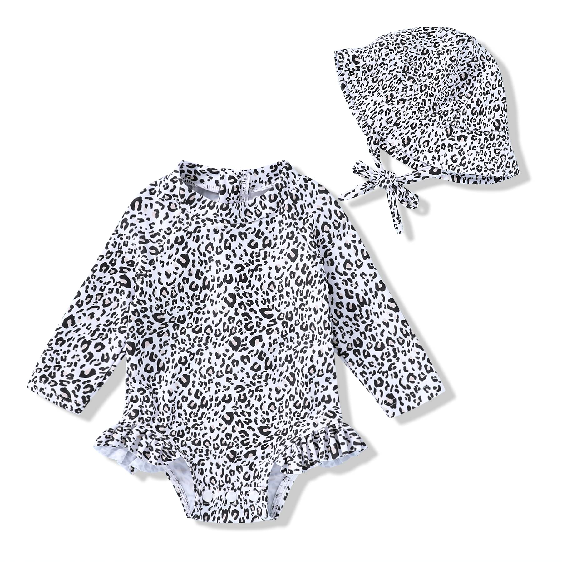 Infant Baby Girl Swimsuit One-Piece Long Sleeve Rash Guard with Hat Set Floral Zipper Bathing Suit Leopard Beach Wear(0-3 Months, Leopard)