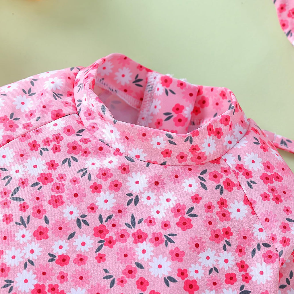 WOLBAY Baby Girl Swimsuit Long Sleeve One Piece Rash Guard with Sun Hat Zipper Bathing Suit Size 0-2T (US, Age, 18 Months, 24 Months, Pink)
