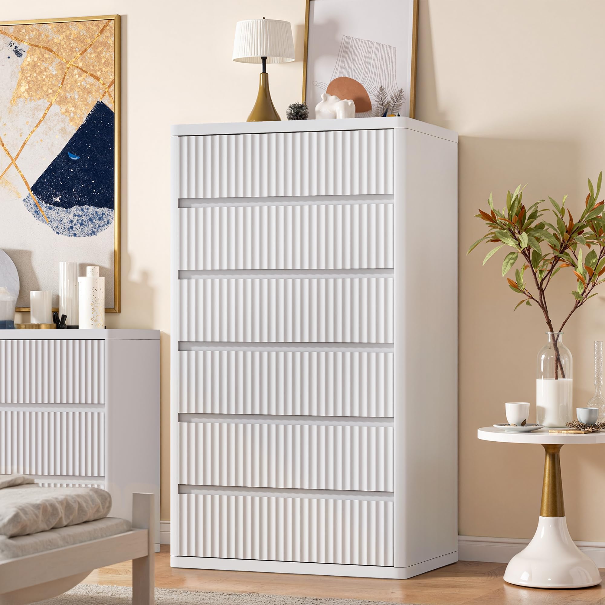 Standifurno 56" Tall Dresser for Bedroom, White Fluted Dresser with 6 Deep Drawers, Modern Chest of Drawers with Curved Profile, Handleless, Wooden Drawer Organizer for Living Room, Hallway, Closet