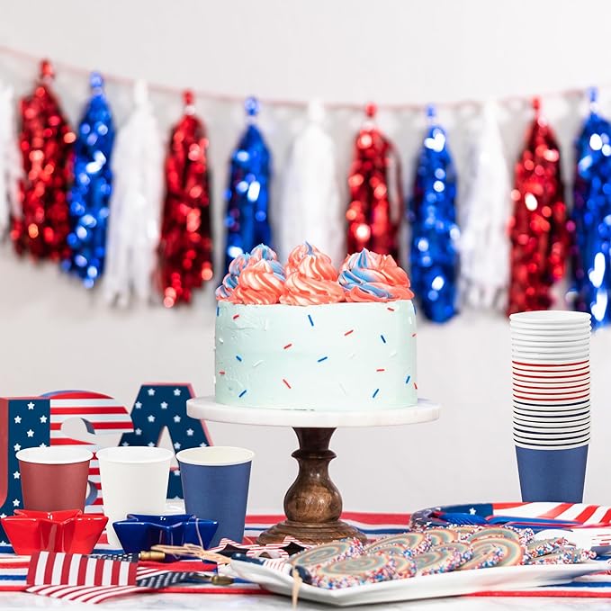 URATOT 60 Pieces 4th of July 9 Ounce Disposable Paper Cups Patriotic Blue White Red Party Paper Cups Independence Day Drinking Cup for Memorial Day Party, DIY, and Holiday