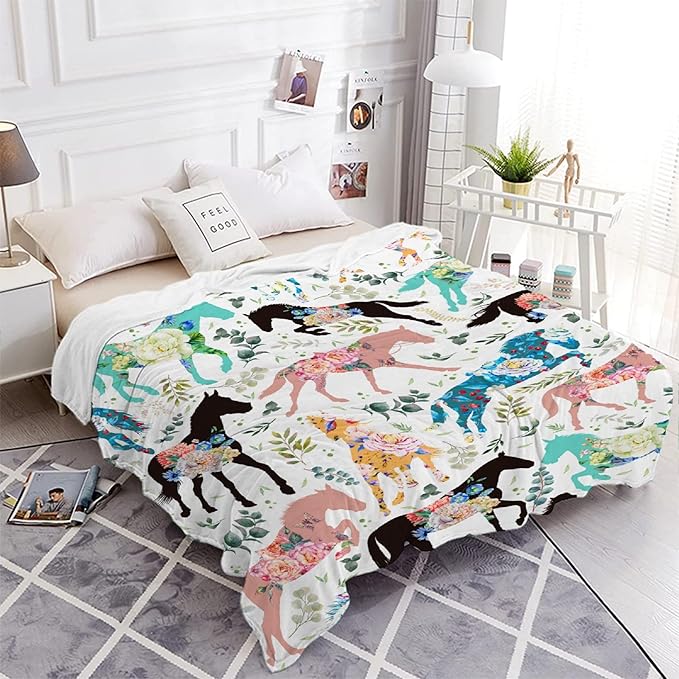 Colorful Floral Horse Throw Blanket for Women Men Flowers Animals Blanket Gifts for Adults Cute Horse Lightweight Blanket 60X80 Inches for Bed All Season