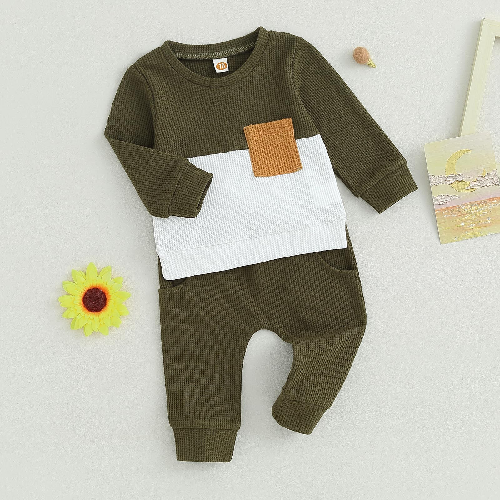 Fufuriprefer Toddler Baby Boy Fall Clothes Waffle outfit Long Sleeve Top Jogger Pant Set (Army Green White, 6-12 Months)