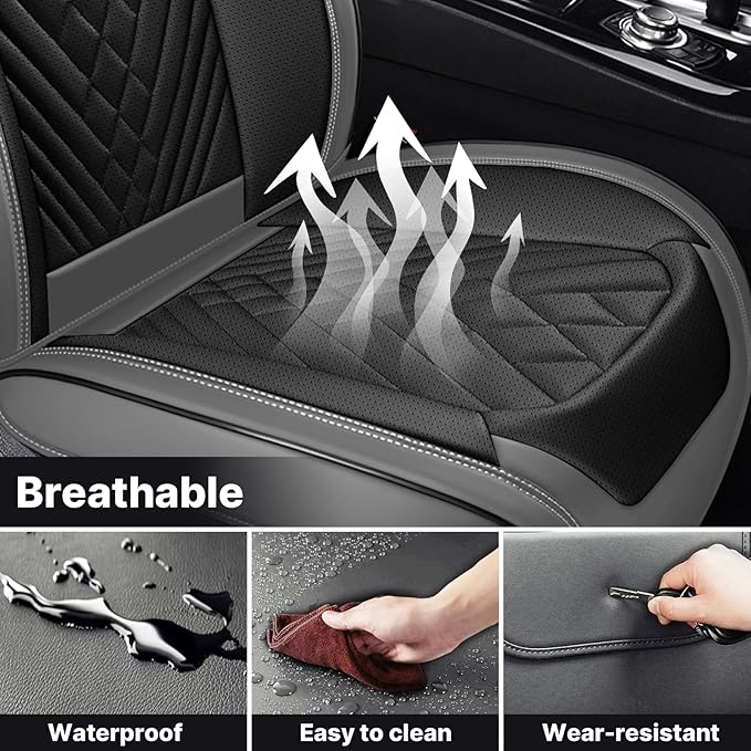 Car Seat Covers Full Coverage Seat Cover Premium Waterproof Faux Leather Cushion Universal Accessories Fit SUV Sedan Automotive Vehicle Auto Interior Seat Protector Full Set(2 Seat,Black&Gray)
