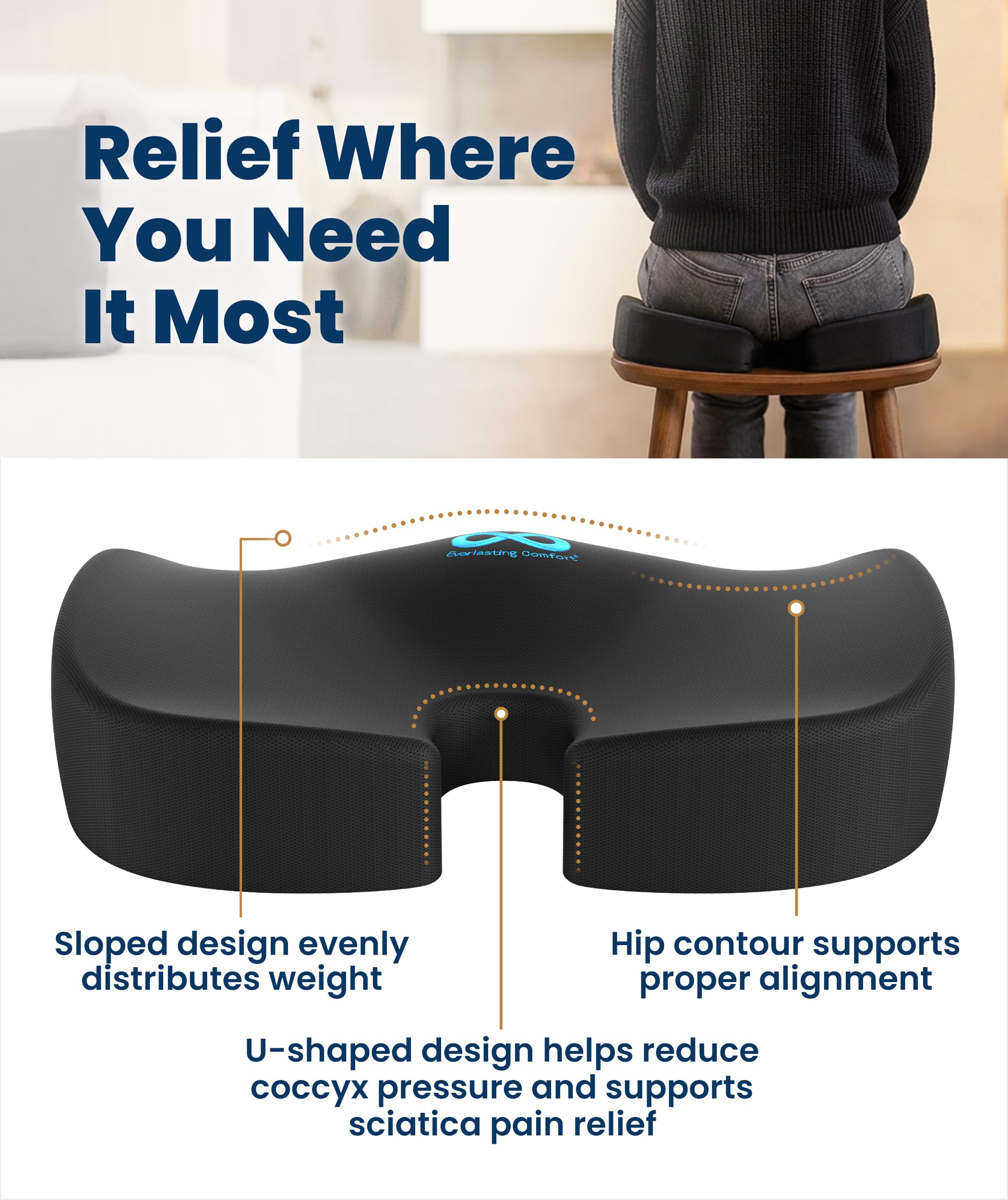 Everlasting Comfort Doctor Recommended Memory Foam Seat Cushion for Office Chairs & Car - Ergonomic Office Desk Accessories - Cushions for Tailbone Pain Relief, Sciatica (Black Airflow, Large)