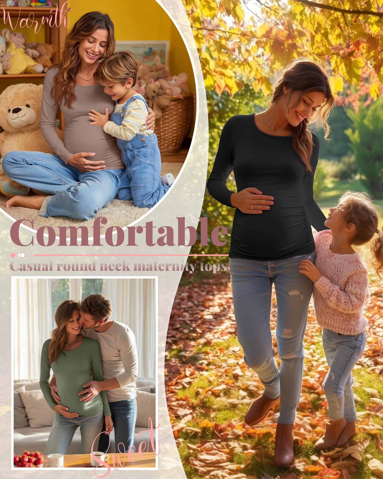 Ficerd 3 Pack Women's Maternity Long Sleeve Shirts, 3-Color Set, X-Large
