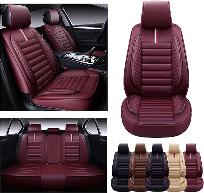 OASIS AUTO Car Seat Covers Premium Waterproof Faux Leather Cushion Universal Accessories Fit SUV Truck Sedan Automotive Vehicle Auto Interior Protector Full Set (OS-001 Burgundy)