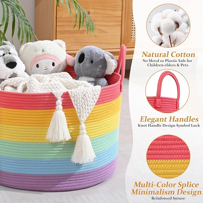 67L Rainbow Storage Basket for Organizing, 20"×13" Large Laundry Baskets, Cotton Rope Woven Blanket Basket, Toy Storage for Kids, Collapsible Blankets Storage for Living Room, Nursery Room