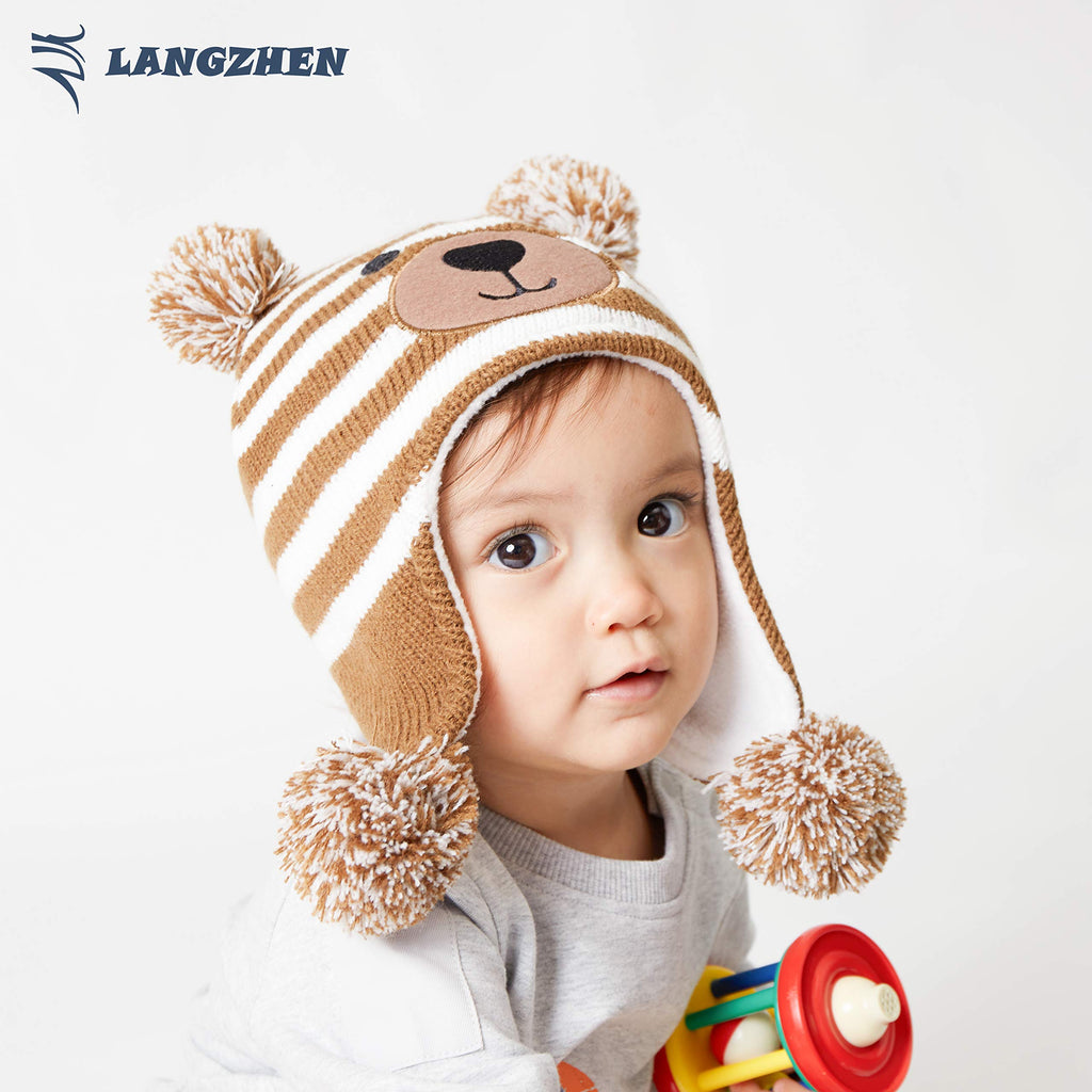 LANGZHEN Toddler Kids Infant Winter Hat,Earflap Knit Warm Cap Fleece Lined Beanie for Baby Boys (Bear -Navy Stripe+Bear -Brown Stripe, 6-12 Months)