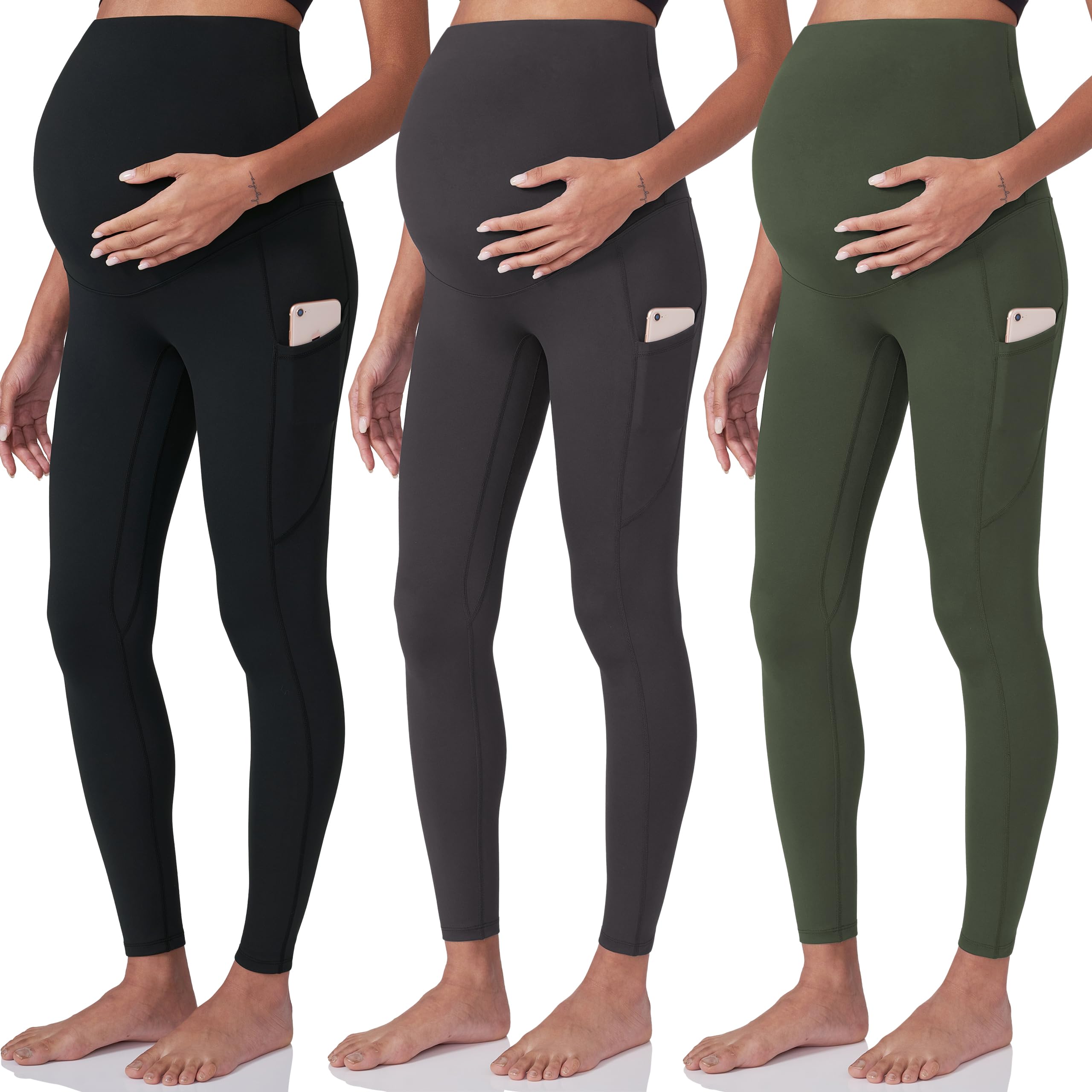 POSHDIVAH 3 Pack Women's Maternity Leggings, Black Grey Green XX-Large
