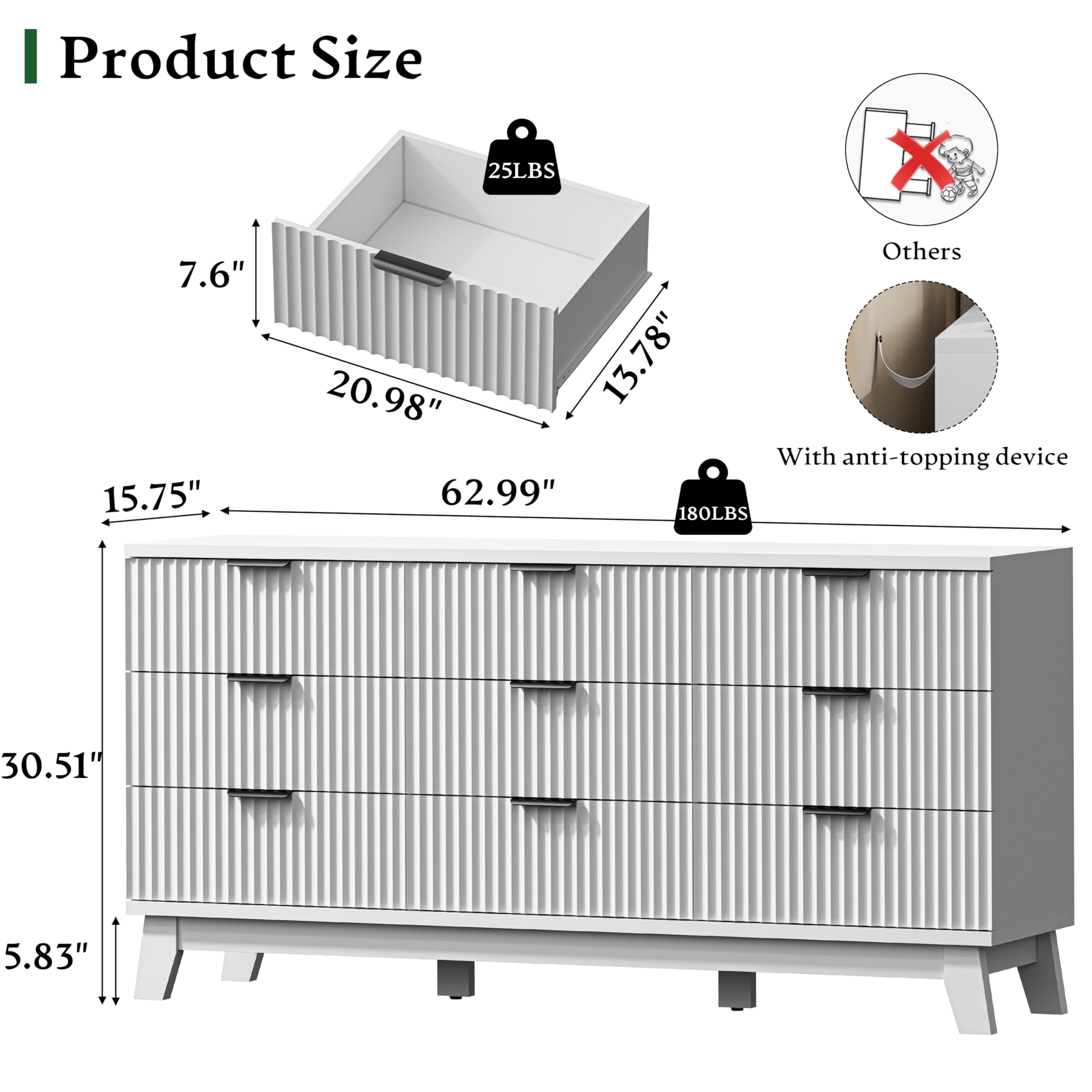 Xixini Fluted Dresser with 9 Drawers, 63" Wide Modern Chest of Drawers with Metal Handle, Wooden Dresser TV Stand, Wood Closet Clothes Storage Organizer for Bedroom, Living Room, Hallway, Solid White