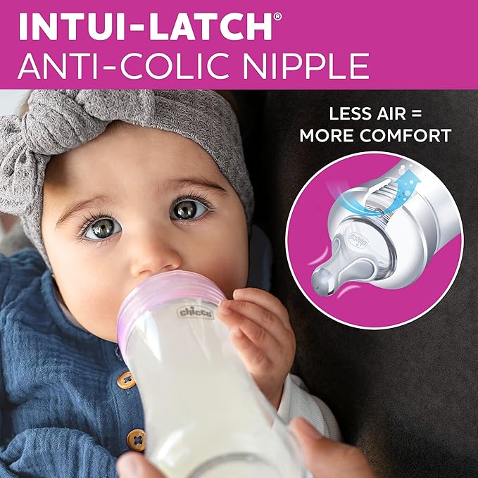 Chicco Duo 5oz. Hybrid Baby Bottle with Invinci-Glass Inside and Plastic Outside | Dishwasher, Bottle Warmer, and Electric Sterilizer Safe | Intui-Latch Nipple | Clear/Pink, 2pk
