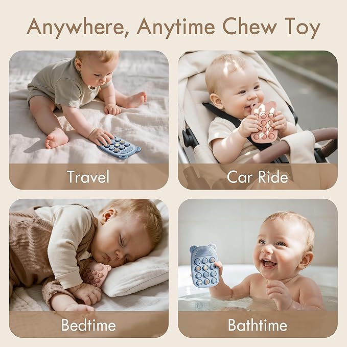 Moonkie Silicone Press Phone Teething Toy for Baby 3 Months+ | Soft BPA-Free Teether with Icon & Number Pop Bubbles | Ideal Gift for Baby Boys