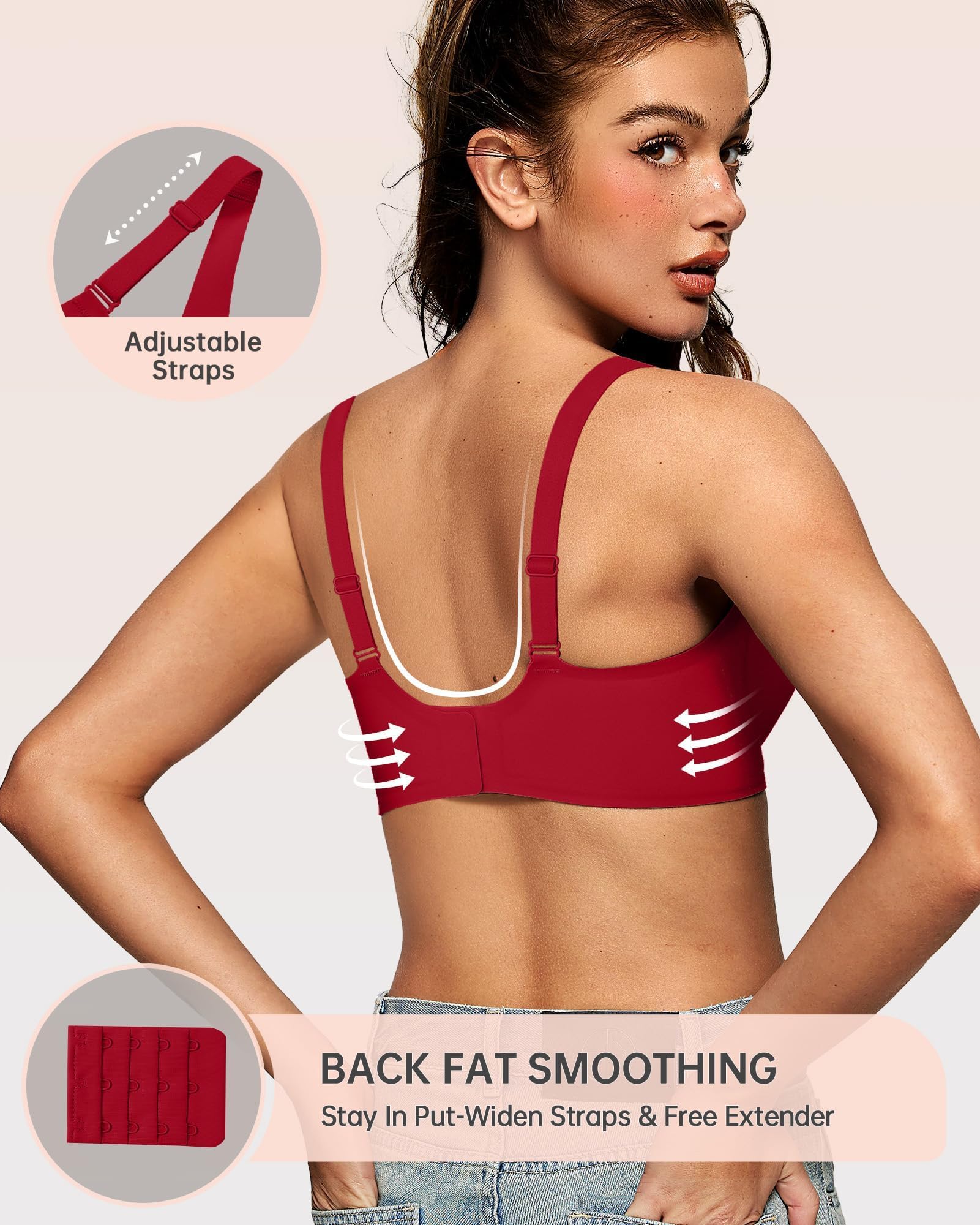 OEAK Womens Deep V Bras Wireless Comfortable Bra Supportive No Underwire Bras Tshirt Push Up Bralettes Plunge Seamless Bra Red M