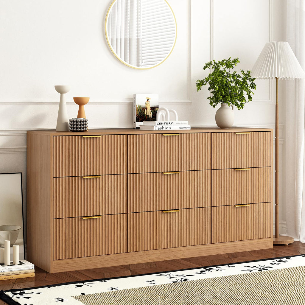Sscaktu 9 Drawer Fluted Dresser for Bedroom with Deep Drawers, Light Walnut丨63 Wide Wood Dresser, Large Chest of Drawers, Modern Long TV Stand, Storage Cabinet Side Table for Living Room, Hallway