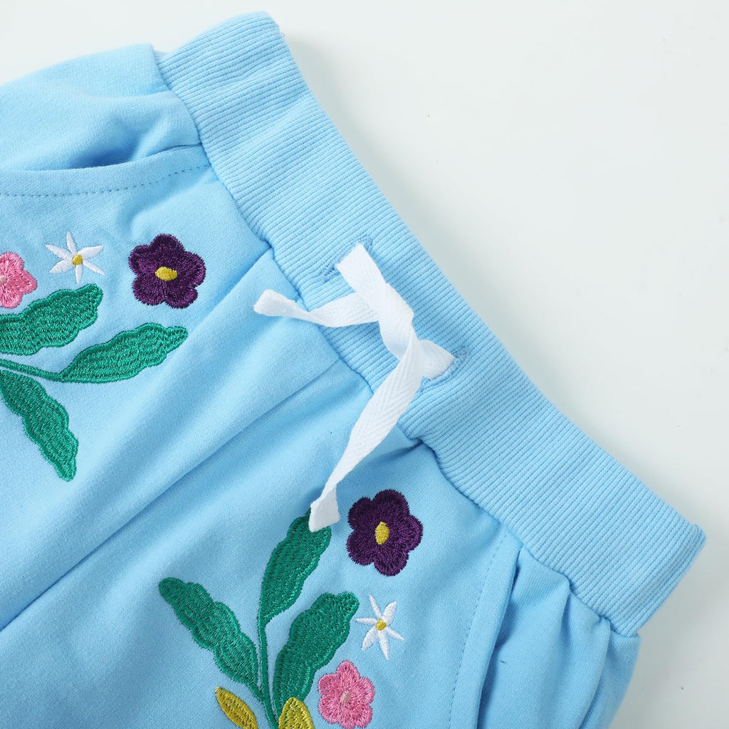 HILEELANG Toddler Girls Cotton Joggers Sweatpants Floral Embroidery Drawstring Waist and Pockets-Pink Blue Casual Athletic Pants for Kids 2Y