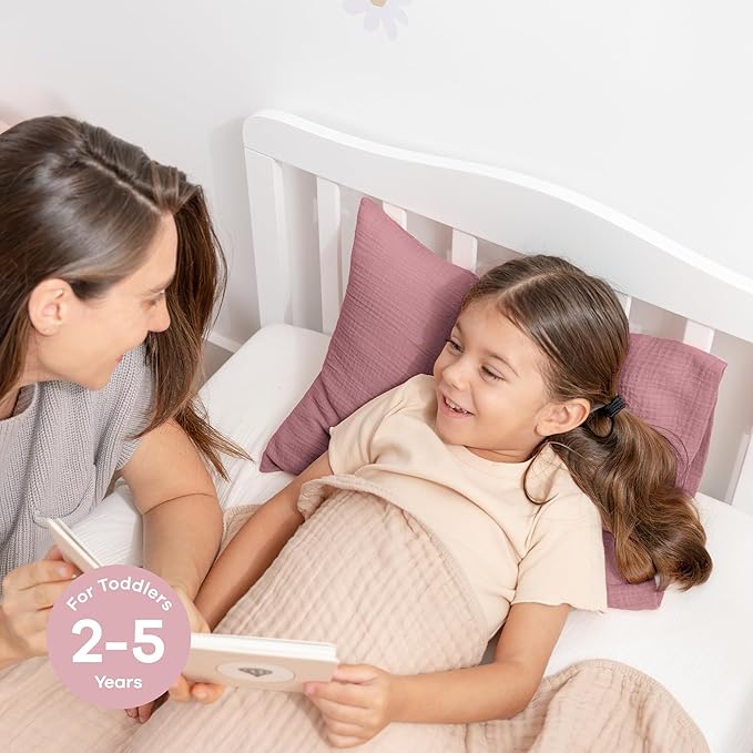 Comfy Cubs Toddler Pillow with Muslin Pillowcase, 13 x 18 in - Travel and Sleep Support for Kids - Lightweight, Breathable Microfiber Fill - Soft and Cozy Small Pillow for Toddlers - Mauve