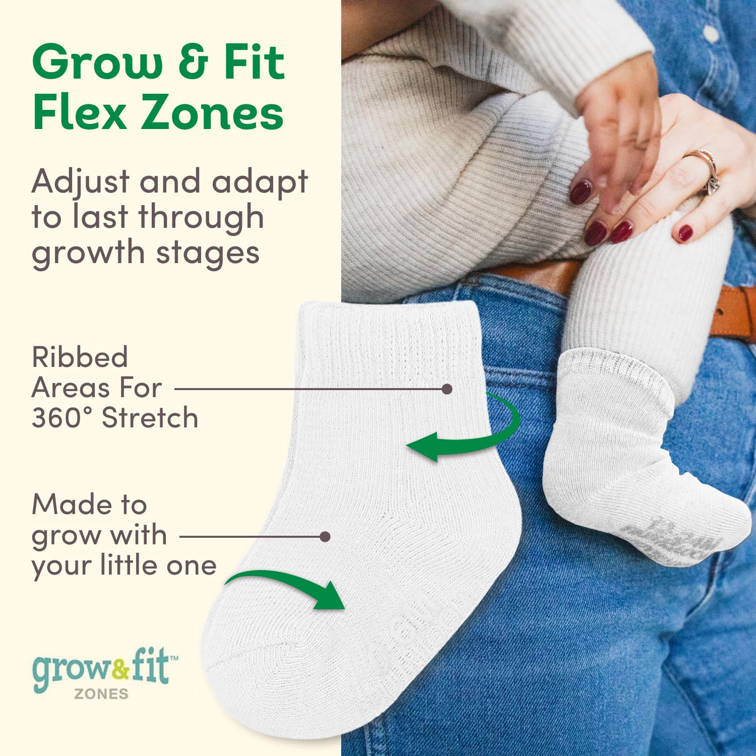 Fruit of the Loom Baby & Toddler Grow & Fit Flex Zones Cotton Stretch Crew Socks - Unisex, Girls, Boys (6-12 Months, White)