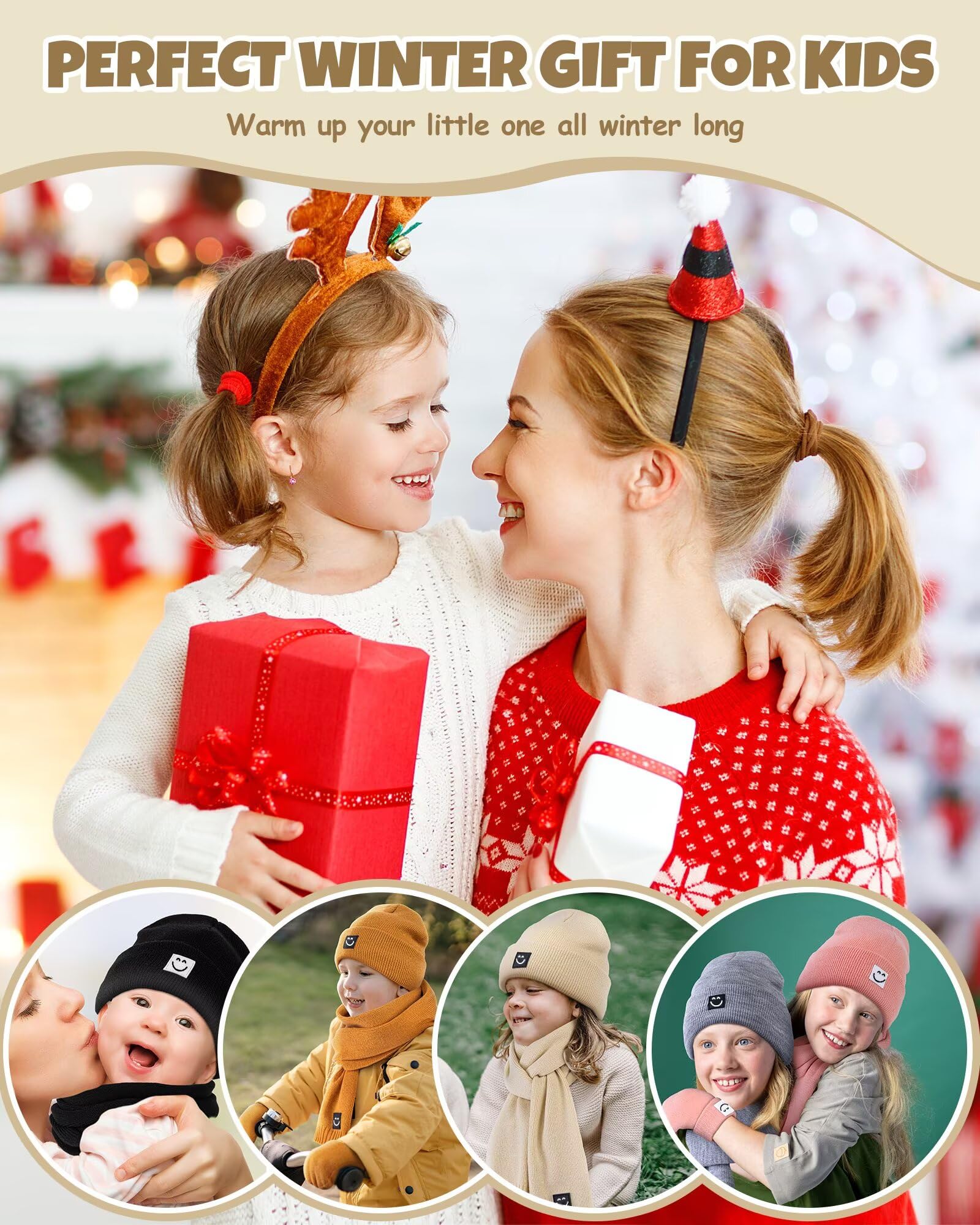 Baby Beanie Mittens Scarf Set,Toddler Kids Winter Hat and Thermal Gloves Neck Warmer Set for Girls Boys Beige