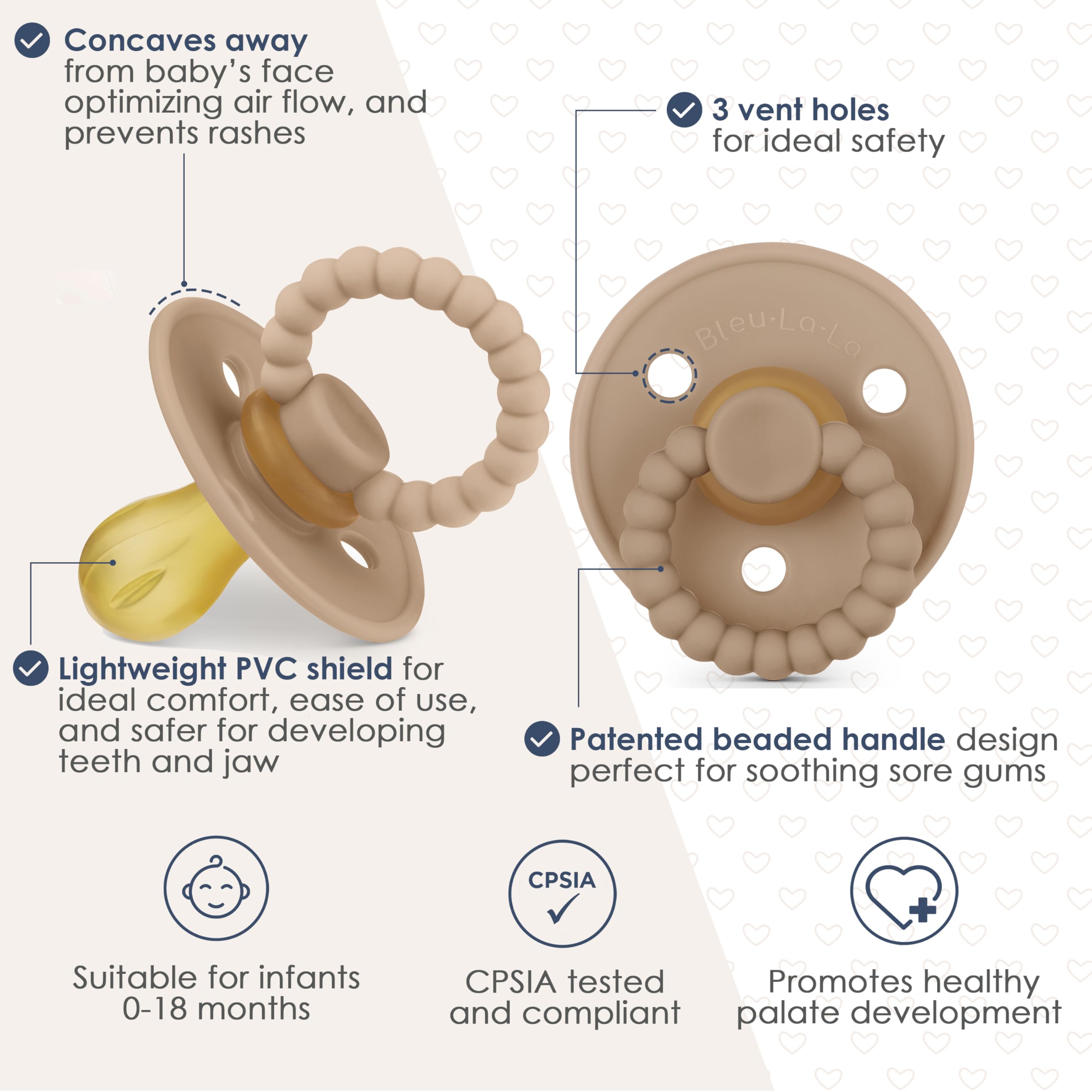 Luladream Pacifier - Natural Rubber Nipple - Soft Teething Handle - for Infants Baby's and Toddlers, 0-18 Months (Blush Pink + Rose Petal)