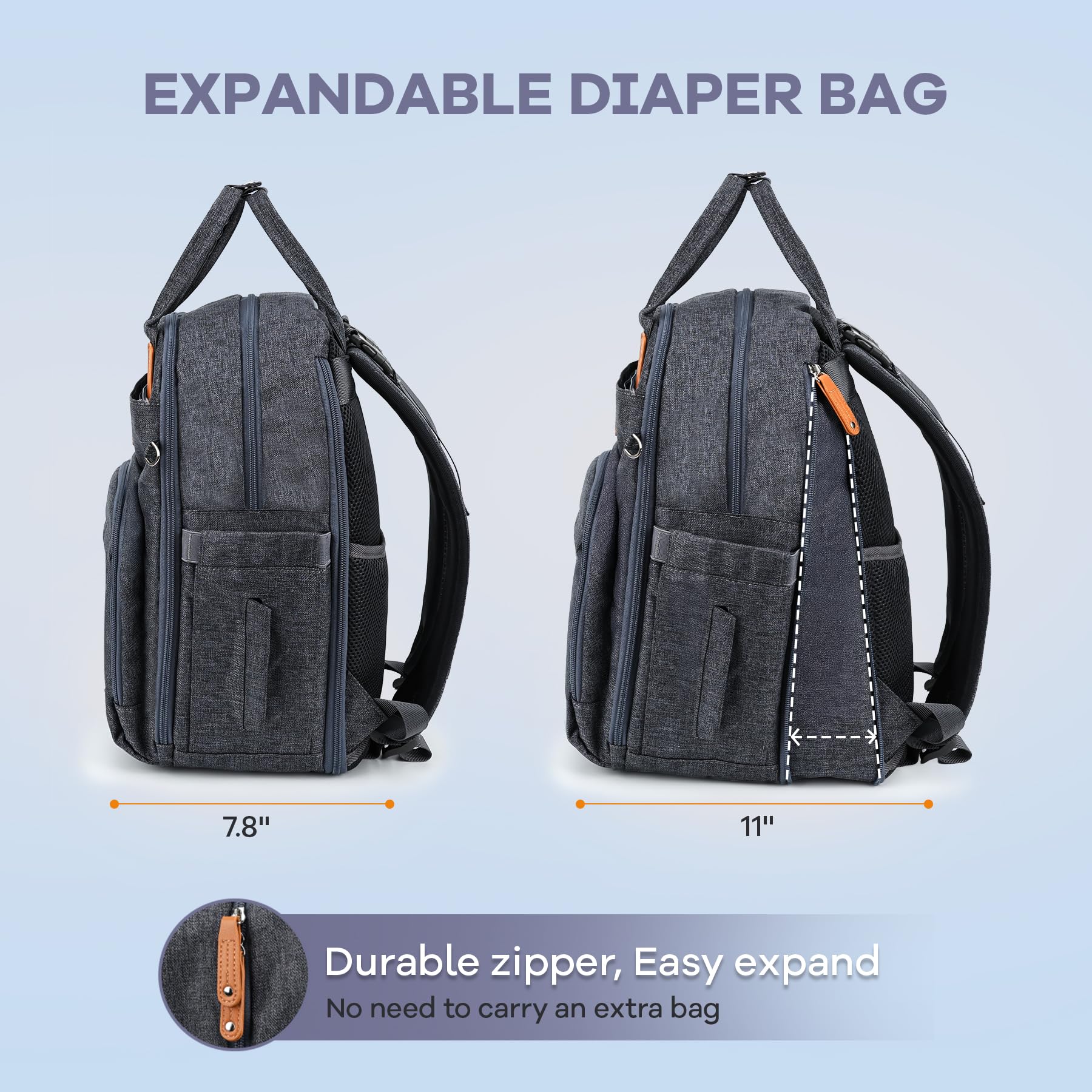RUVALINO Diaper Bag Backpack-Expandable Baby Bag with up to 50% Capacity -Baby Essentials Bag with Changing Pad Insulated Bottle Holders & Pacifier Case, Waterproof, Dark Gray XL