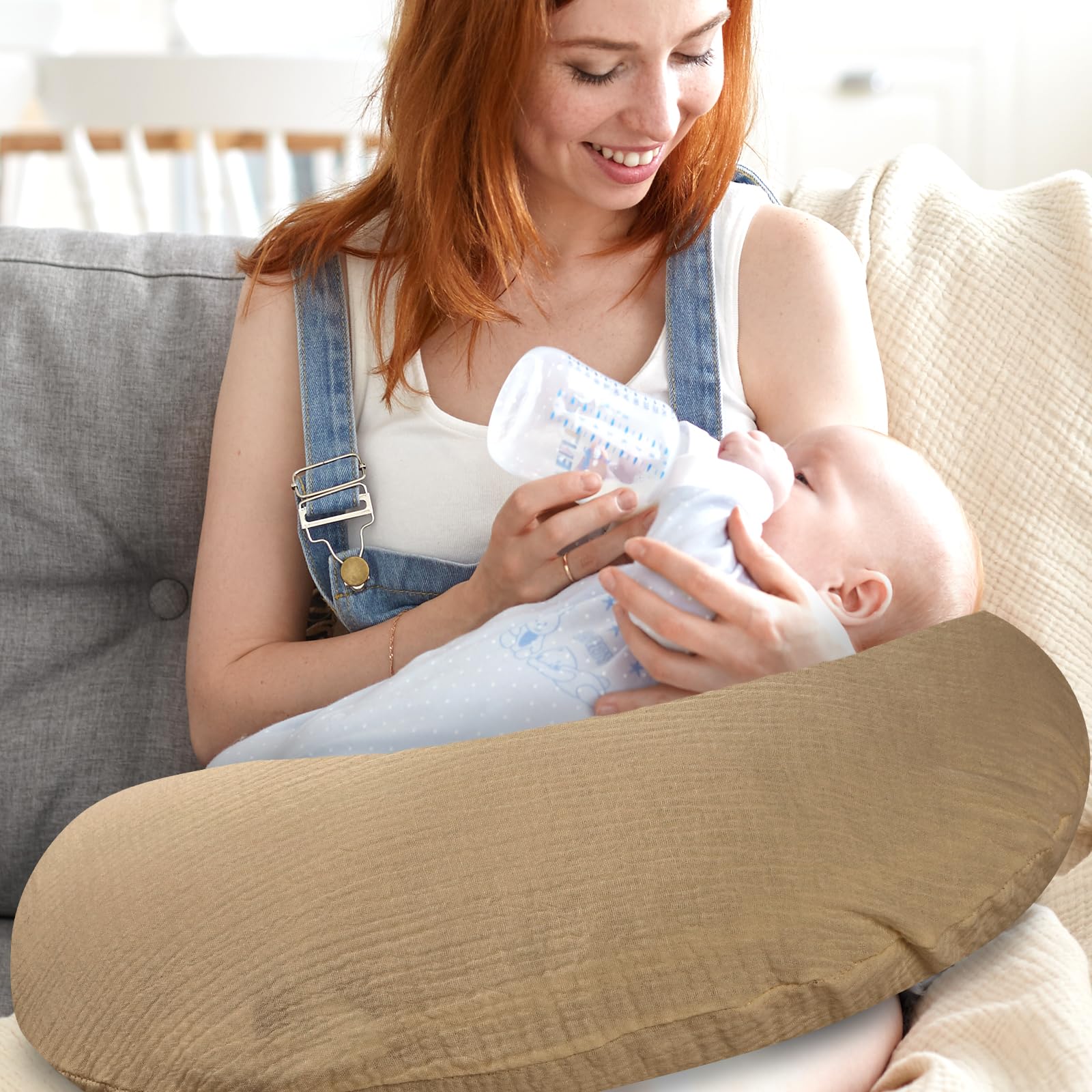 Hooyax Muslin Nursing Pillow Covers Only, Soft and Breathable Nursing Covers for Breastfeeding Pillows, Adorable Infant Feeding Pillow slipcover for Baby Boy and Girls (Brown)