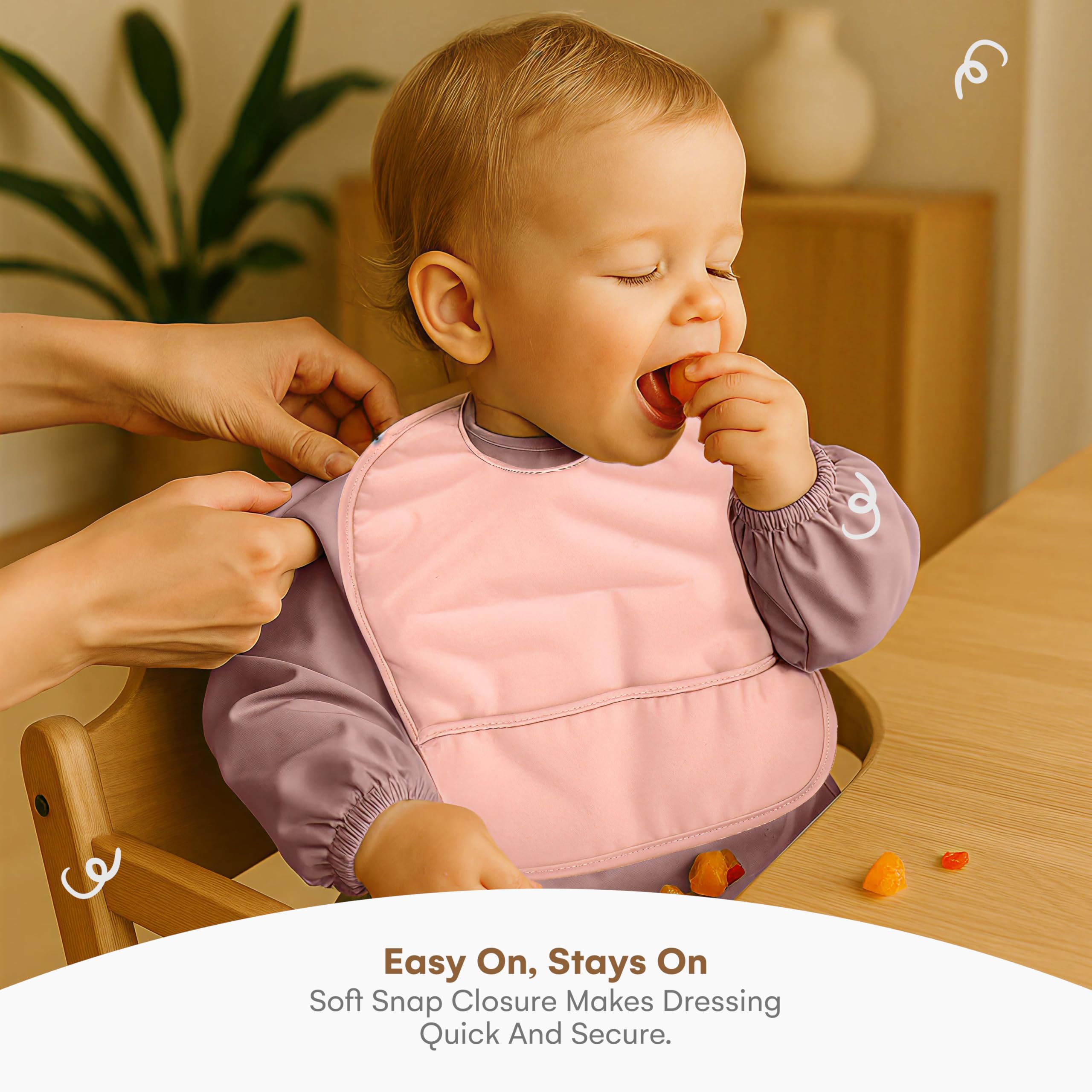 CHILDLIKE BEHAVIOR Baby Smock Bib - Set of 2 - Waterproof Travel Buddy, Mess-Proof Feeding - Long Sleeves, Gentle Closure - Two-Layer Cloth - Stress-Free Toddler Weaning - Sleeved Bib - Pink/Peach