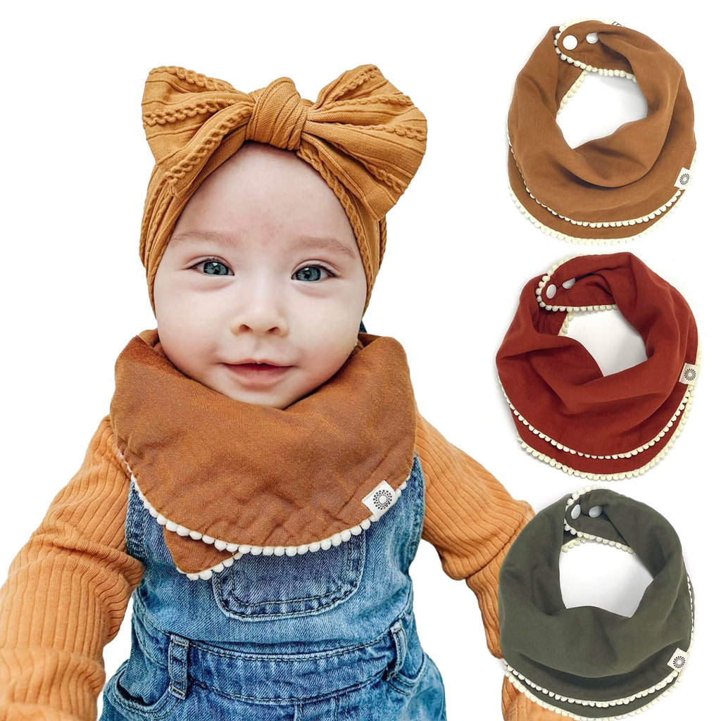 Kishu Baby Indi Fairtrade Certified Organic Infinity Scarf Bib Set - 4-Way Reversible, 8 Layer Muslin Drool Bibs (Rust, Caramel, Dark Olive)
