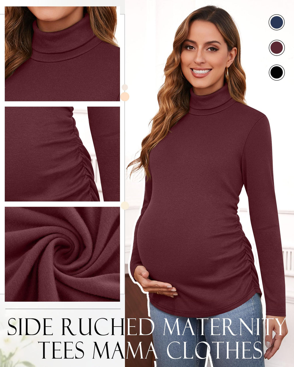 Ficerd 3 Pack Women's Maternity Shirts, Turtleneck Long Sleeve Pregnancy Tops Casual Side Ruched Maternity Tees Mama Clothes(Black, Navy Blue, Burgundy,Small)