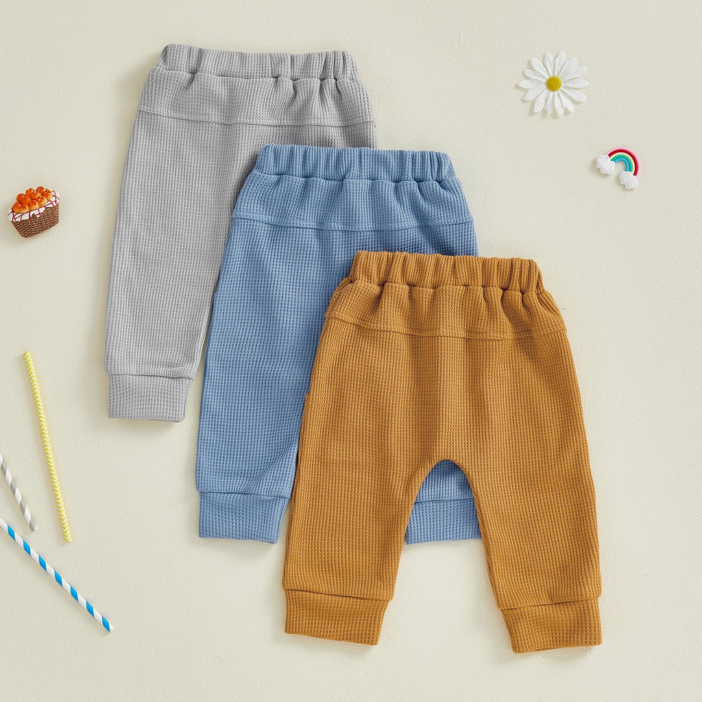 Sejardin Toddler Baby Boy Girl Pants 3 Pack Solid Color Elastic Waist Jogger Sweatpants Newborn Infant Casual Bottoms (Waffle Gray Blue Brown, 12-18 Months)