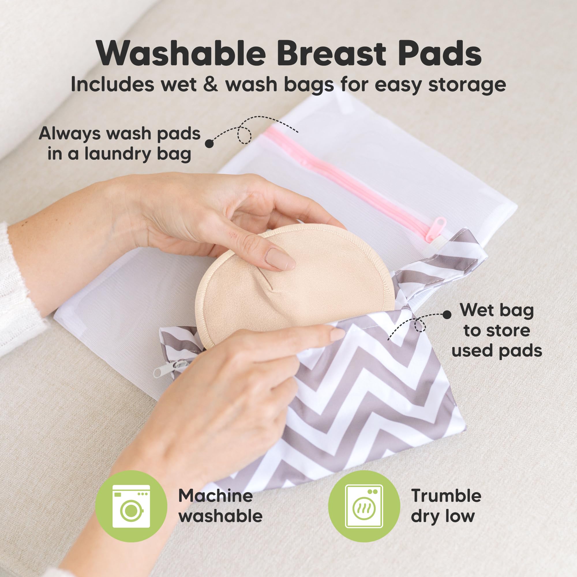 Organic Nursing Pads, 14 Washable Breast Pads,Wash Bag (Bare Beige, L 5")