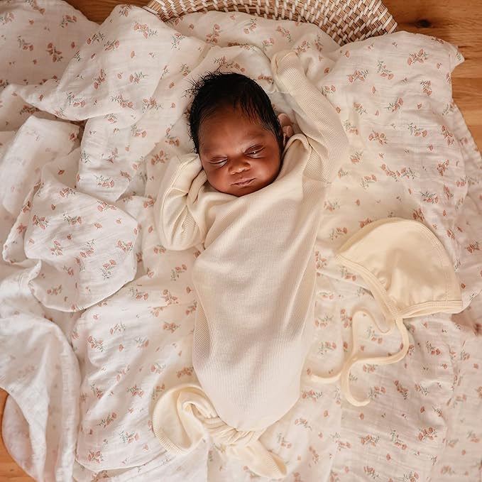mushie Muslin Baby Swaddle Blanket | 100% Organic Cotton (Pink Flowers)