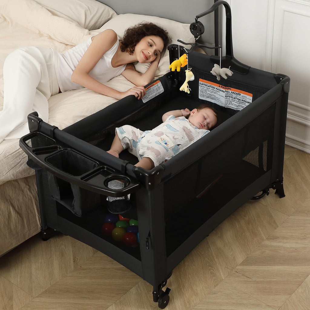 Pack and Play, Baby Bassinet Bedside Sleeper, Baby Playard with Changing Table, Foldable Travel Playard for Newborn to Toddlers (Black)