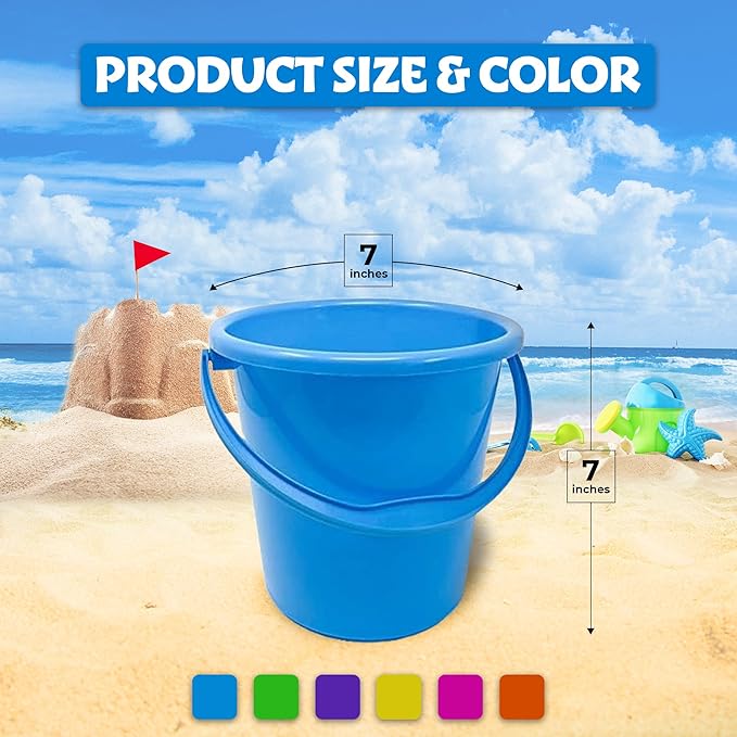 Podzly 12 Pack Beach Pails Sand Buckets - 7" Large Beach Pails with Handles for Kids - Colorful Beach Toys for Sand Molds & Castles - Great Sand Buckets - Fun and Learning Accessory for Kids!