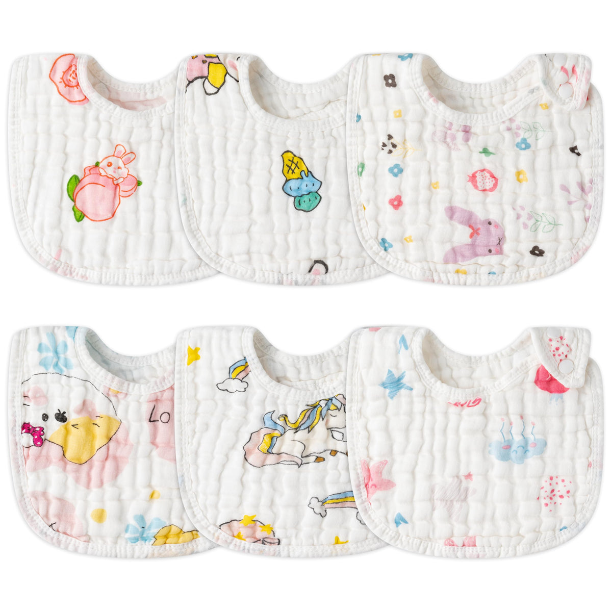 Zainpe 6Pcs Snap Muslin Cotton Bibs for Baby, Flamingo Star Flower Machine Washable Adjustable Burp Cloths with 6 Absorbent Soft Layers for Infant Newborn Toddler Drooling Feeding and Teething