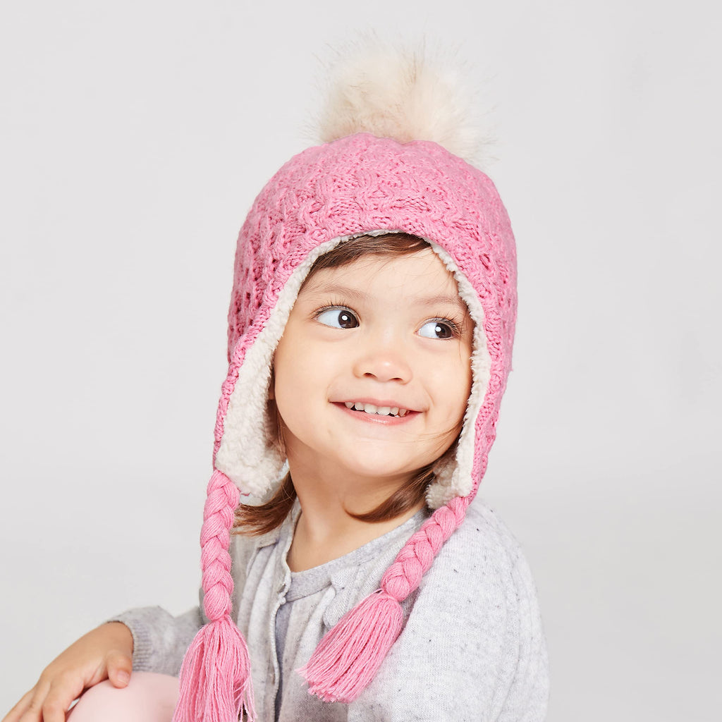 LANGZHEN Toddler Kids Winter Hat,Earflap Knit Warm Cap Fleece Lined Beanie for Baby Girls (Peach, 12-24 Months)
