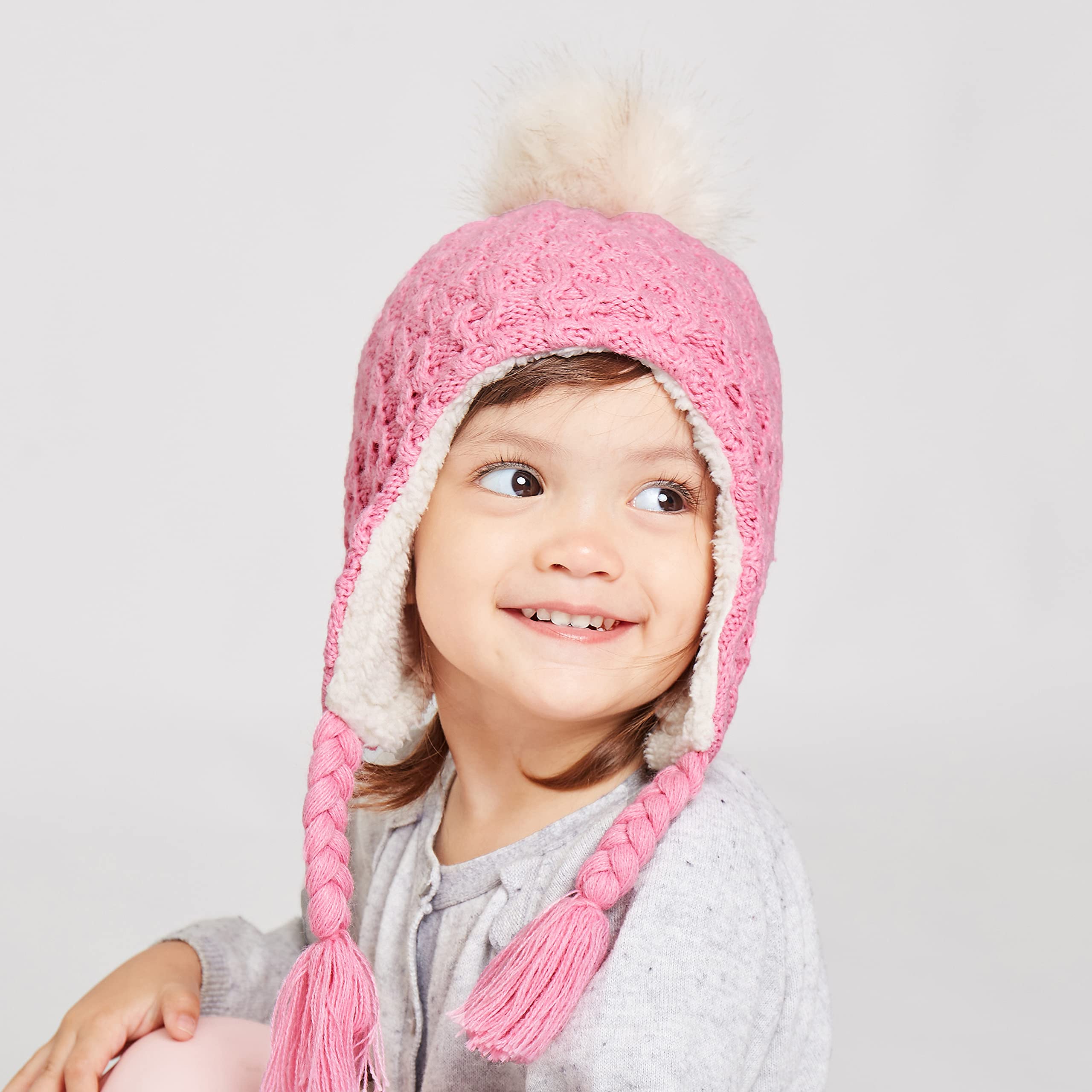 LANGZHEN Toddler Kids Winter Hat,Earflap Knit Warm Cap Fleece Lined Beanie for Baby Girls (Peach, 12-24 Months)